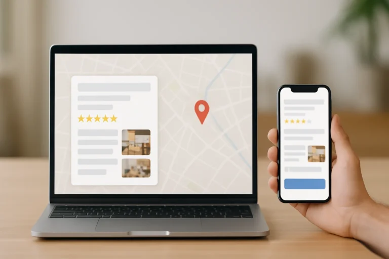 Notebook e celular na mao mostrando o perfil de uma empresa com mapa, localizacao e avaliacoes, ilustrando o cadastro gratuito no Google em Vargem Alta
