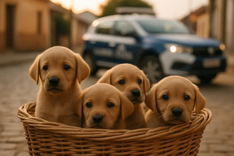 Filhotes de cachorro resgatados em via pública de Cachoeiro de Itapemirim, com viatura da Guarda Civil Municipal ao fundo (imagem ilustrativa)