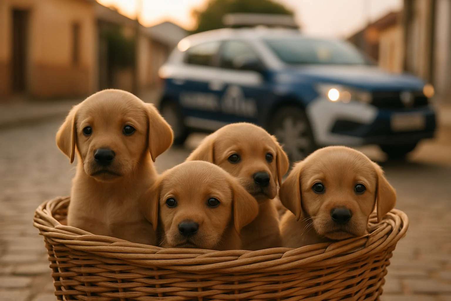 Filhotes de cachorro resgatados em via pública de Cachoeiro de Itapemirim, com viatura da Guarda Civil Municipal ao fundo (imagem ilustrativa)