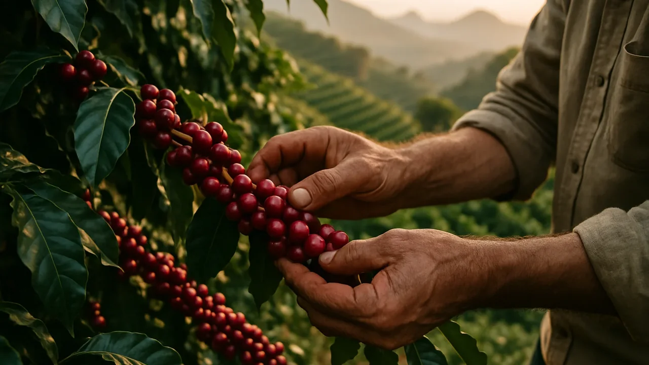 Colheita seletiva de cerejas de café maduras em lavoura de montanha na serra capixaba, em Vargem Alta